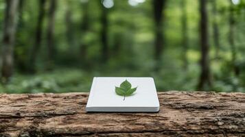 A leaf is placed on top of a book in the forest photo