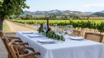 A table set for a dinner in a vineyard photo