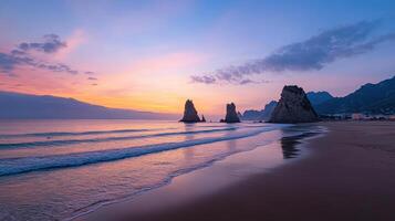 Sunset on the beach with three rock formations photo