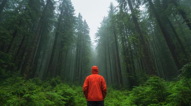 A person in a red jacket standing in a forest photo