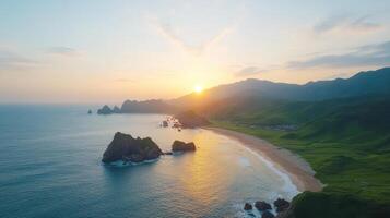 Aerial view of the sunrise over the ocean and mountains photo