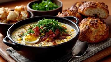 A bowl of soup with bacon, corn and bread photo