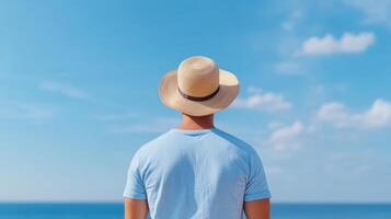 Man in hat looking at the ocean photo