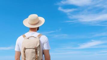 Back view of a man with a backpack and hat on a blue sky background photo