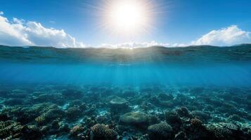 The sun shines over the ocean and coral reefs photo