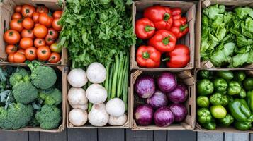 A variety of vegetables are in boxes on a table photo