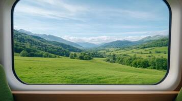 A view of a green valley from a train window photo