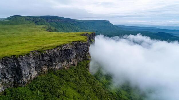 A view of the clouds and grassy hills from above photo