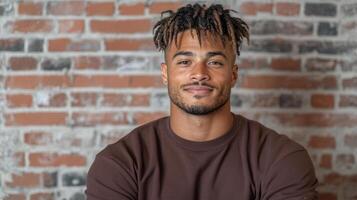 A man with dreadlocks sitting in front of a brick wall photo