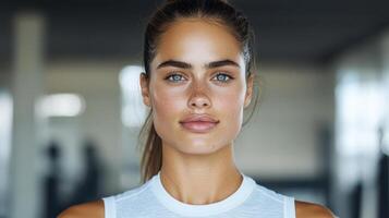 A woman with a white tank top and blue eyes photo