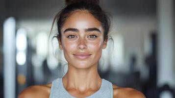 A woman with freckles on her face in a gym photo