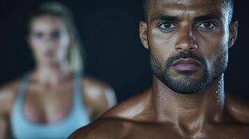 A man and woman are standing in front of each other photo