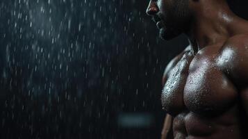 Muscular man in the rain photo