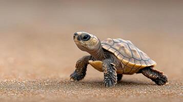 A baby turtle walking on the sand photo