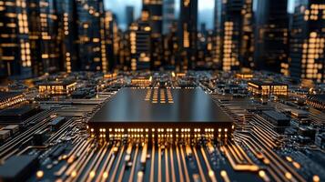 A computer chip on a cityscape background photo