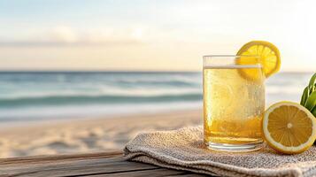A glass of lemonade on a table next to the ocean photo
