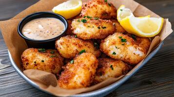 A bowl of fried fish with lemon wedges photo