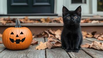 A black kitten sitting on a porch with a halloween pumpkin photo