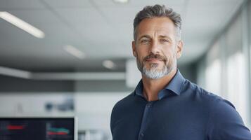 A man with a beard and a blue shirt standing in front of a computer photo