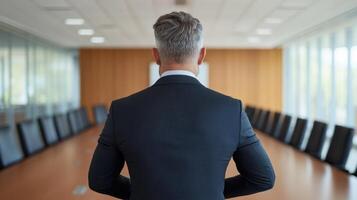 Rear view of businessman standing in empty conference room photo