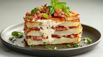 A stack of potato pancakes with bacon and cheese photo