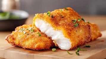 Two pieces of fish are sitting on a cutting board photo