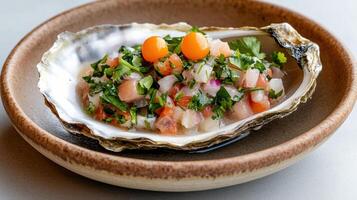 A bowl of food with a piece of fish in it photo