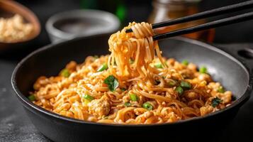 Chopsticks holding noodles in a skillet photo