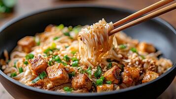 Chopsticks are holding up a bowl of noodles with tofu photo
