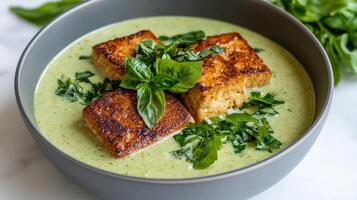 Cauliflower and tofu soup with basil photo