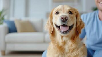 A golden retriever sitting on the floor with a man sitting in the background photo