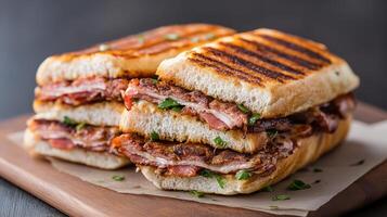 A grilled sandwich with meat and cheese on a wooden cutting board photo
