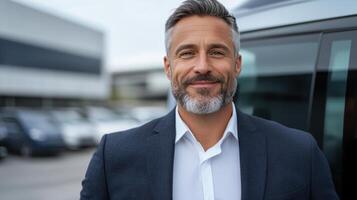 A man with a beard and a suit standing in front of a car photo