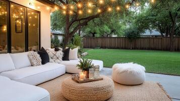 A backyard patio with white furniture and string lights photo