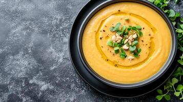 Pumpkin soup with nuts and herbs on a black plate top view photo