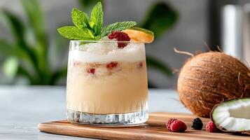 A drink with ice, berries and mint leaves photo