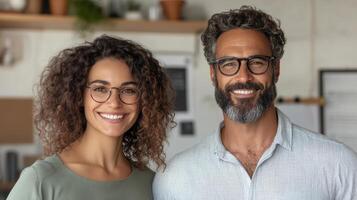 A man and woman with glasses standing in front of a desk photo