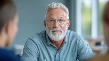 An older man with glasses and beard sitting at a table photo
