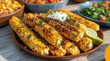 A plate of corn on the cob with a lime wedge photo