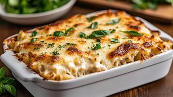 Cheesy lasagna in a white dish photo