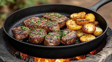 Grilled steak and potatoes in a pan on an outdoor fire photo
