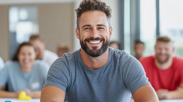 A man with a beard smiles while sitting in a classroom photo