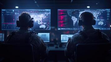 Two soldiers in military uniforms sitting at computers photo