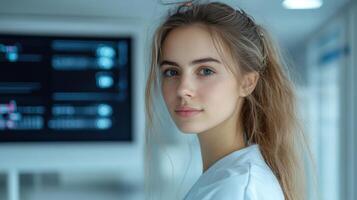 A young woman in a white shirt is looking at the camera photo