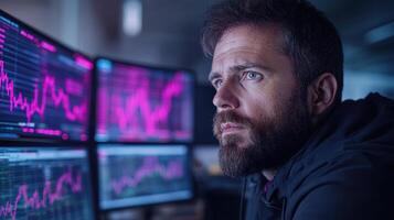 A man with a beard and dark jacket looking at stock market graphs photo