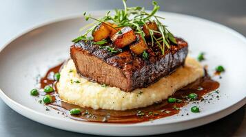 A plate with a piece of meat and mashed potatoes photo