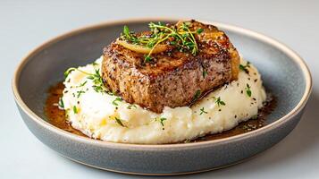 A plate of meat and mashed potatoes on a table photo