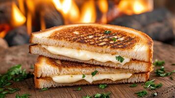 Grilled cheese sandwich with cheese and herbs on a wooden table photo