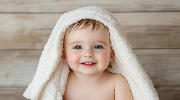 A baby is wrapped in a towel and smiling photo