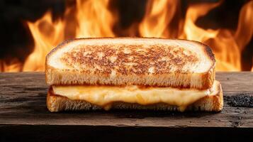 A grilled cheese sandwich sitting on a table with flames photo